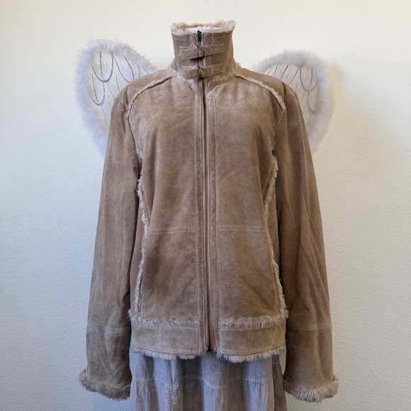 Suede Sherpa Lined Coat Tan Boho Shaggy Penny Lane Chunky Cozy Moto Jacket Y2K - Picture 2 of 8